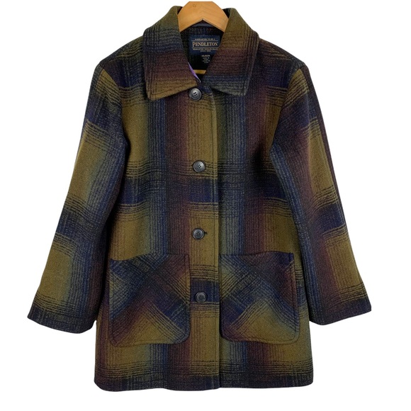 Pendleton Olive Green Plaid Wool Blend Collared Button Front Coat Jacket Size XS - Picture 8 of 8